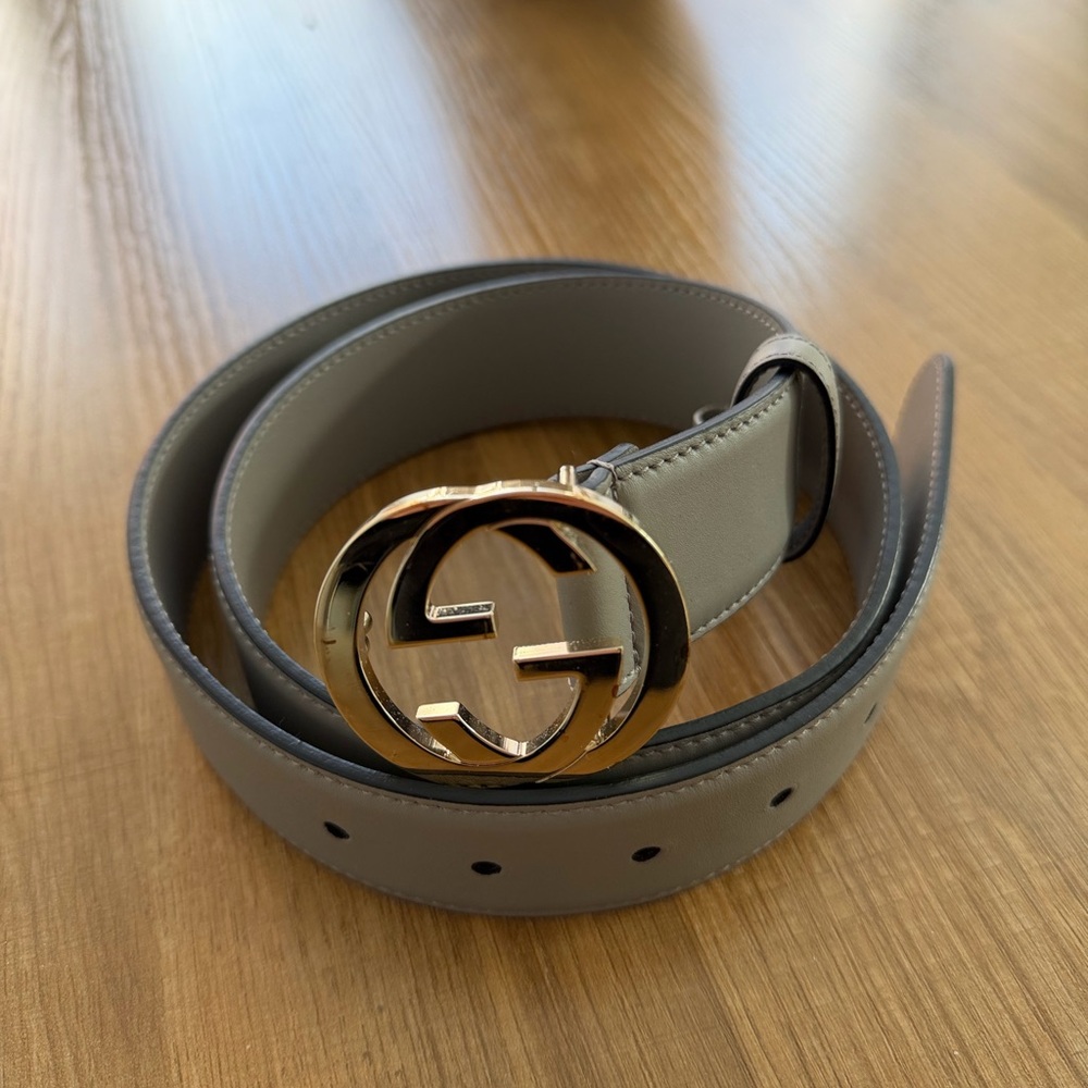 Gucci Gray Leather Belt with Gold GG Buckle